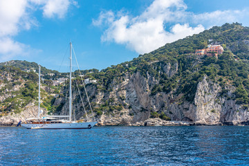 Italy, Capri, view of the coast seen from the sea.