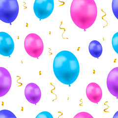 Vector Festive Background with Colorful Balloons and Golden Confetti, Seamless Pattern, Blue, Pink and Purple Colors.