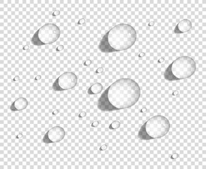 Clear round water drops on smooth surface, realistic vector illustration