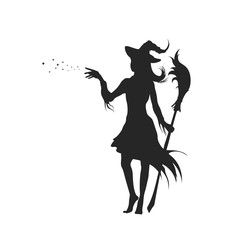Fototapeta premium Black silhouette of witch with hat. Halloween party. Isolated image of conjuring sorcerer. Young mage with broom. Elegant withard
