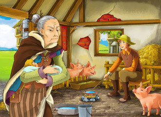 Obraz na płótnie Canvas Cartoon scene with old woman witch or sorceress and farmer rancher in the barn pigsty illustration for children