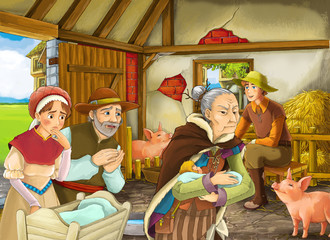 Fototapeta na wymiar Cartoon scene with old woman witch or sorceress and farmer rancher in the barn pigsty illustration for children