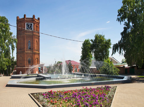 City Clock tower (Yelets Chimes) and Victory fountain in Yelets. Russia