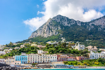 Italy, Capri, view of the coast seen from the sea.