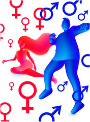 Gender relationshipposter with male and female symbols and volume silhouettes of woman and man. Vector illustration