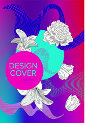 Abstract background with bright design elements and handdrawn monocromic flowers. Vector illustration