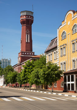 Former building of firehouse with tower in Yelets. Russia