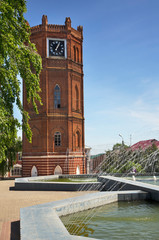Fototapeta premium City Clock tower (Yelets Chimes) and Victory fountain in Yelets. Russia
