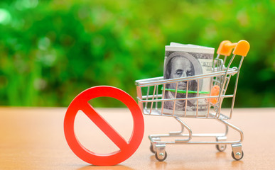 Dollars in a shopping cart and sign of prohibition. Restrictions on the export of capital. Economic pressure and sanctions. Destabilization of the exchange market. Bad credit history. Refused a Loan