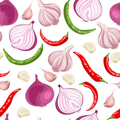 Seamless pattern with onions, garlic, chili peppers on a white background. Vector illustration of ingredients for hot sauces in a flat cartoon style.