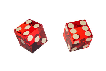 Two red dice with sharp edges isolated on a white background. The sides are one, three, five and two, four, six, without a shadow.