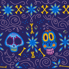 Vector seamless pattern with Mexico traditional celebration decor elements - skull, bone, flower & abstract ornaments isolated on dark blue background. Good for packaging, prints, cards, textile.