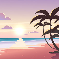 Fototapeta na wymiar Vector flat landscape illustration of wild nature summer sunset on beach view with sky, sea coast, ocean, palm trees. For travel banners, cards, vacation and touristic advertising, brochures, flayer.