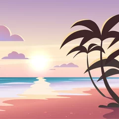 Keuken foto achterwand Vector flat landscape illustration of wild nature summer sunset on beach view with sky, sea coast, ocean, palm trees. For travel banners, cards, vacation and touristic advertising, brochures, flayer. © artflare