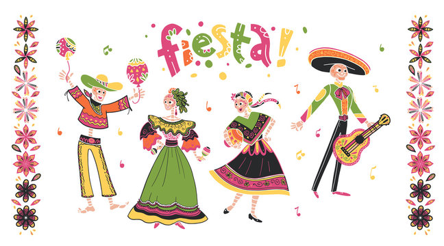 Vector set of mexico fiesta skeleton characters dancing with guitar in  flat hand drawn style isolated on white background. Icons for traditional celebration, national patterns, decoration, food.