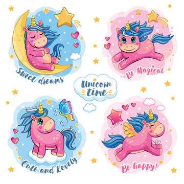 A set of cute funny unicorns. Cartoon and fabulous illustration with a pink little pony, a butterfly, a star, a moon and a heart. Stickers with motivating text. Romantic story. Wonderland. Vector.
