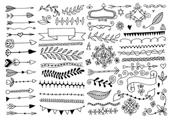 set of hand drawing page dividers borders and arrow, doode floral design elements