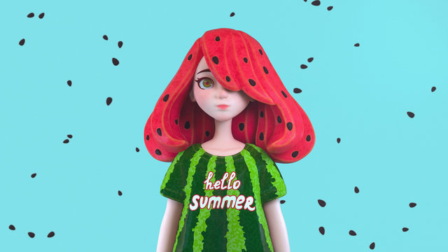 3d digital illustration of cute cartoon girl with watermelon hair and watermelon rind t-shirt with text hello summer standing on a blue background with black seeds. Young woman with seeds in red hair.