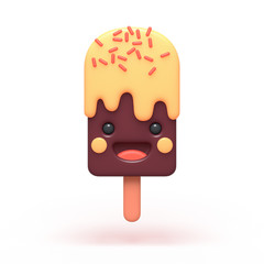 3d digital illustration of cute kawaii character fruit ice cream with a smiling face isolated on white background. Colorful tasty funny cartoon banana, orange and chocolate ice cream with sprinkling