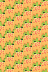 3d digital illustration of pattern with cute kawaii character fruit ice cream with eyes. Sweet candy art. Food wallpaper of colorful funny cartoon kiwi, mint and orange, banana cookies with sprinkling