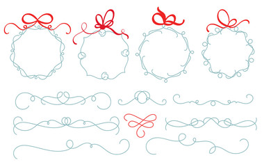 Obraz premium Set of christmas hand drawn vector wreath and divider. Illustration of vintage decorative kit of christmas elements with place for text. Perfect for x-mas invitations, greeting cards, blogs, posters