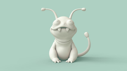 3d digital illustration of cute little cartoon monster. Concept art character of smiling frog mutant. Monochrome white-green rendering of a stylized alien character. Wallpaper funny monster with tail.