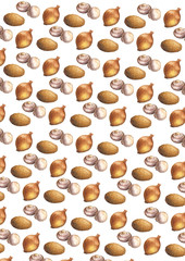 Watercolor illustration pattern of champignons, onion and potato on a white background