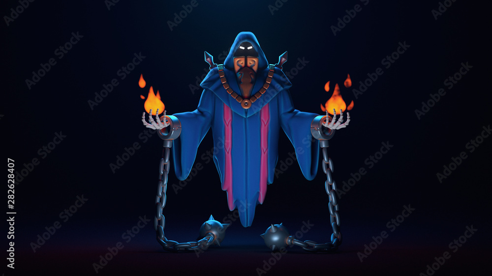 Wall mural 3d digital illustration of a necromancer sharpened in shackles floating in the air on a dark background. Magician causes the magic of fire. Wallpaper undead in a hooded mantle. Game Monster character