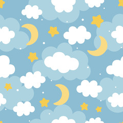 Cloud Cute Seamless Pattern Background with star moon and shiny dot, Vector illustration