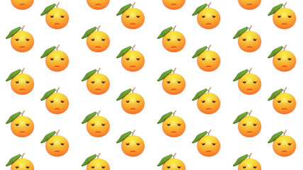 Fototapeta premium 3d digital illustration of seamless pattern with oranges on white background. Cute sad orange smiley face. Healthy food funny Emoji Mandarin. Fresh ripe grapefruit with leaf. Bright citrus wallpaper.