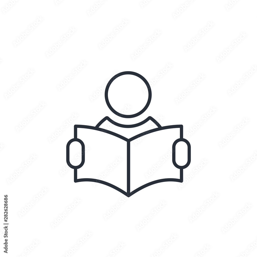 Poster reading person. renew knowledge. vector linear icon on a white background.