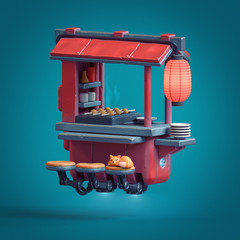 Illustration of cartoon science fiction traditional Japanese street food cart. Futuristic mobile food stall in retro style. Urban food kiosk with large Japanese lantern. 3d render on blue background.