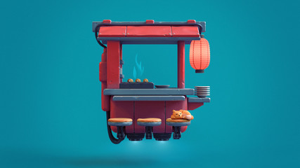 3d illustration of cartoon sci-fi traditional Japanese street food cart with sleeping cat on chair. Futuristic mobile food stall in retro style on blue background. Urban food kiosk with large lantern. © roman3d