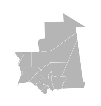 Vector isolated illustration of simplified administrative map of Mauritania. Borders of the regions. Grey silhouettes. White outline