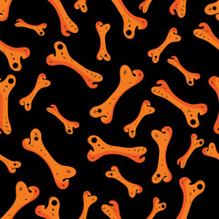 Seamless skull and bone pattern on black background in vector. Background of orange skeleton. Bright design for textile, paper, Wallpaper, packaging. Festive decoration Halloween