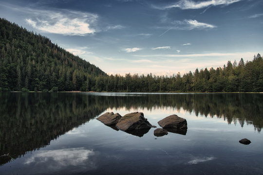 Panoramic landscape view at Feldberg and lake Feldsee in Black Forest, Germany