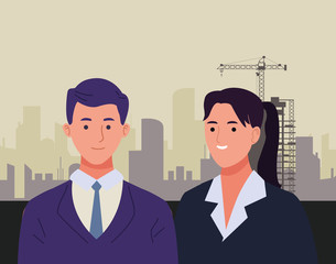 Professionals workers couple smiling cartoons