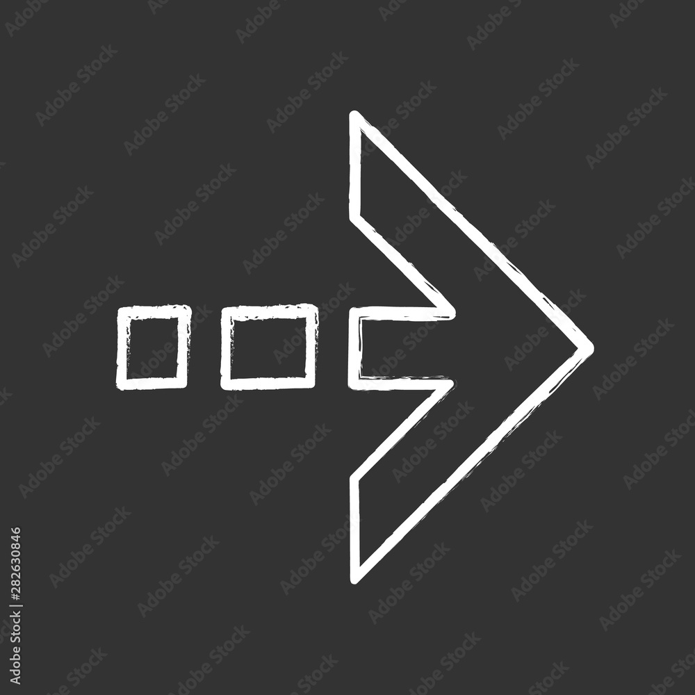 Poster Arrow with dotted dash line chalk icon. East direction. Arrow indicating rightward. Next, forward. Navigation pointer, indicator sign. Pointing symbol. Isolated vector chalkboard illustration
