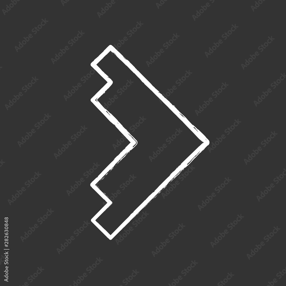 Poster Right arrowhead chalk icon. Forward triangular arrow. Next. Navigation pointer sign. Direction move. Motion indicator, designator. Abstract pointing cursor. Isolated vector chalkboard illustration