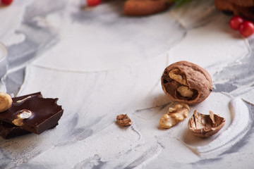 nuts on gray background for christmas decorations