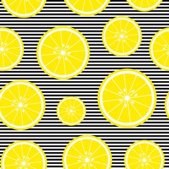 Seamless background with with stripes and lemon slices. Vector illustration design for greeting card or template.