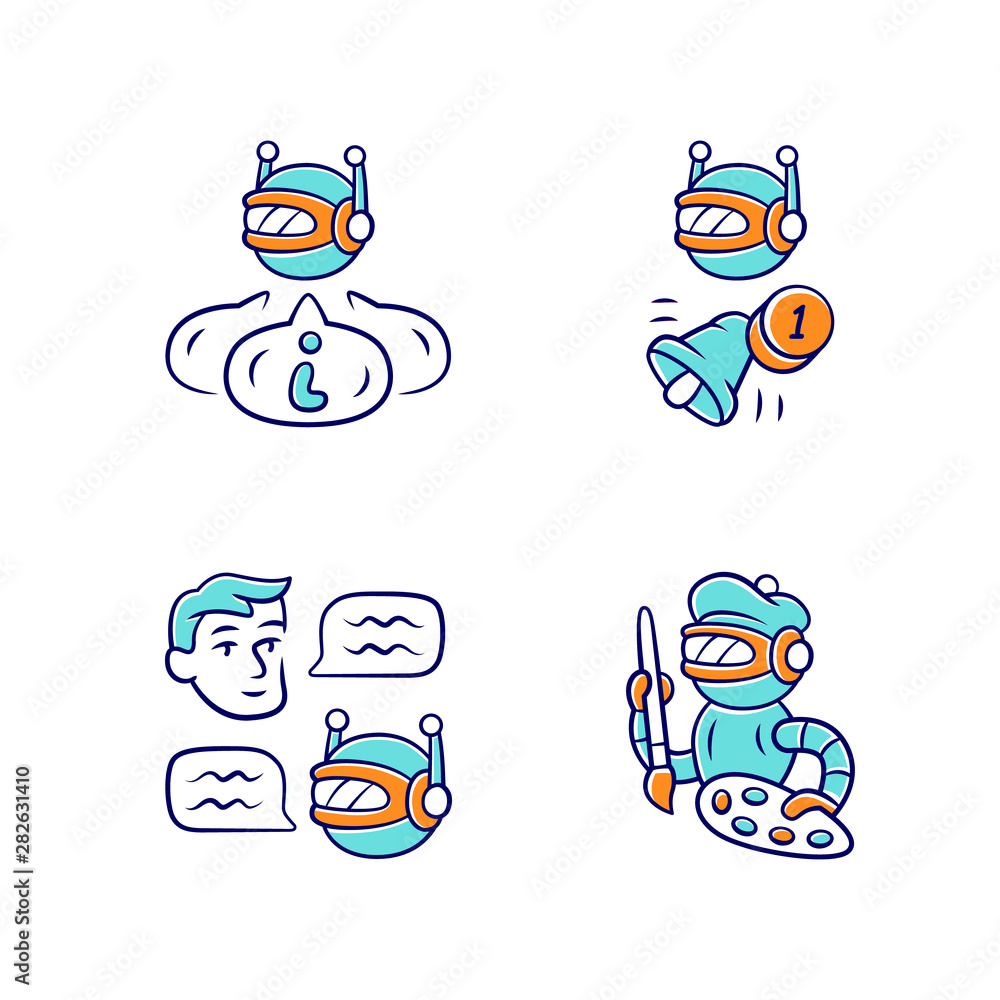 Poster internet robots color icons set. chatbot, informational, proactive, art bots. sending messages, noti