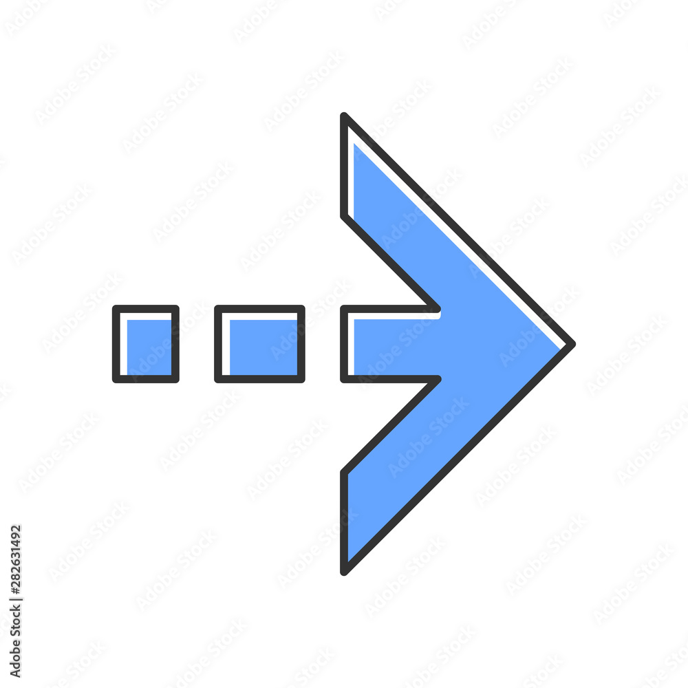 Poster blue arrow with dotted dash line color icon. east direction. arrow pointing to right direction. next