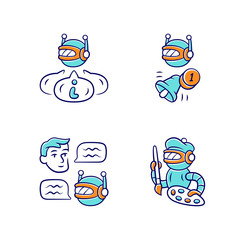 Internet robots color icons set. Chatbot, informational, proactive, art bots. Sending messages, notifications. Technology, cybernetics. Artificial intelligence, AI. Isolated vector illustrations