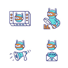 Web robots color icons set. Game, propaganda, monitoring, spam bot. Artificial intelligence, AI. Virtual reality. Spam attack. Social media, marketing campaign. Isolated vector illustrations