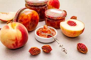 White peach jam, confiture, chutney in a glass jar