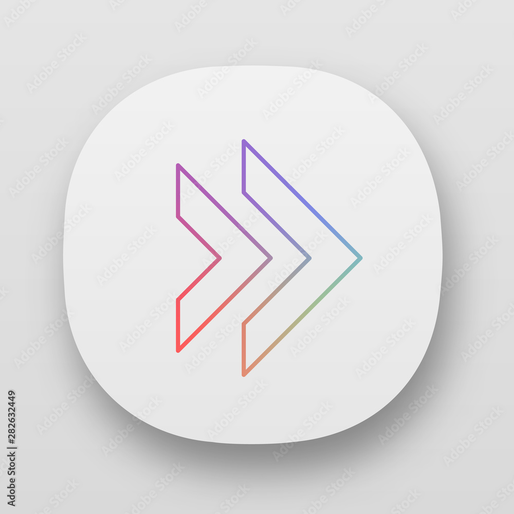 Poster double arrow app icon. rewinding button. navigation pointer. next, forward arrow pointing rightward.
