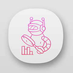 Monitoring bot app icon. Monitor websites uptime. Machine learning. Artificial intelligence. Bot with magnifying glass. UI/UX user interface. Web or mobile applications. Vector isolated illustrations
