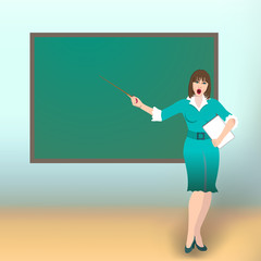 Teacher in front of chalkboard with copy space for your text. Vector illustration.