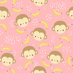Monkey cute with banana seamless pattern, vector illustration background